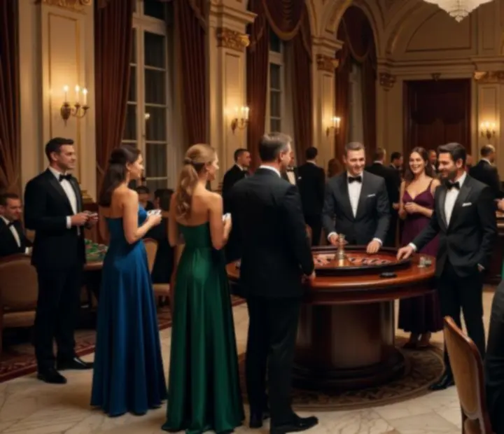 Goście bawiący się przy eleganckich stołach do gry w rozświetlonej sali
