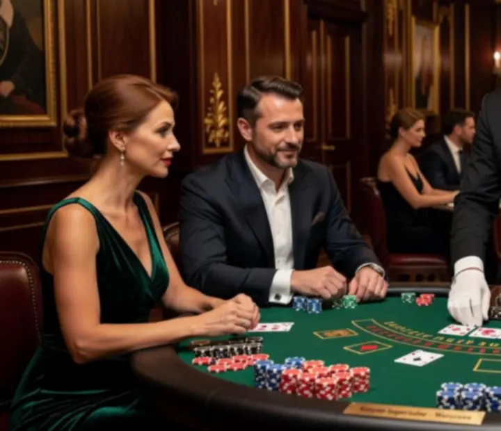 Profesjonalny stół do blackjacka otoczony bawiącymi się gośćmi