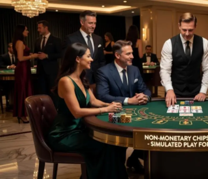 Elegancka sala eventowa z profesjonalnymi stołami do gier w nastrojowym oświetleniu