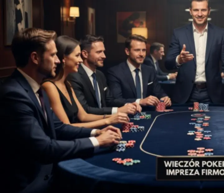 Grupa gości grająca przy profesjonalnym stole pokerowym