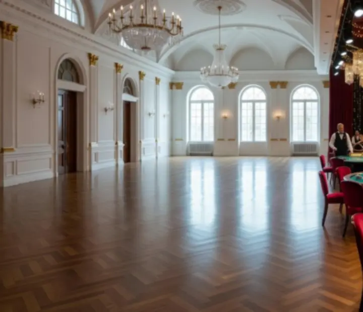 Sala eventowa przed i po aranżacji w stylu premium casino